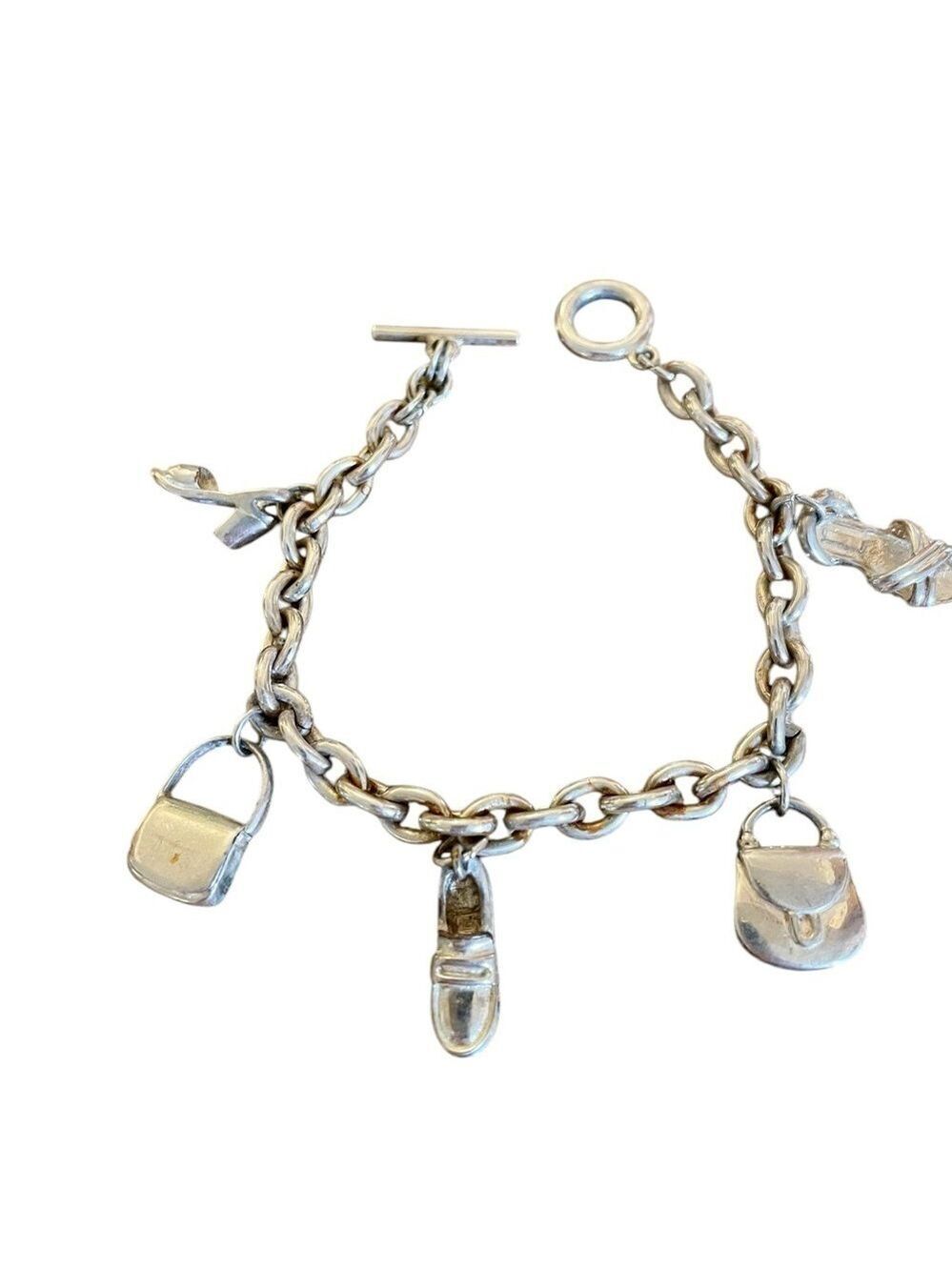 Vintage Silver Charm Bracelet, 5 Charms, 2 Purses 3 Shoes, Loop & Bar Closure